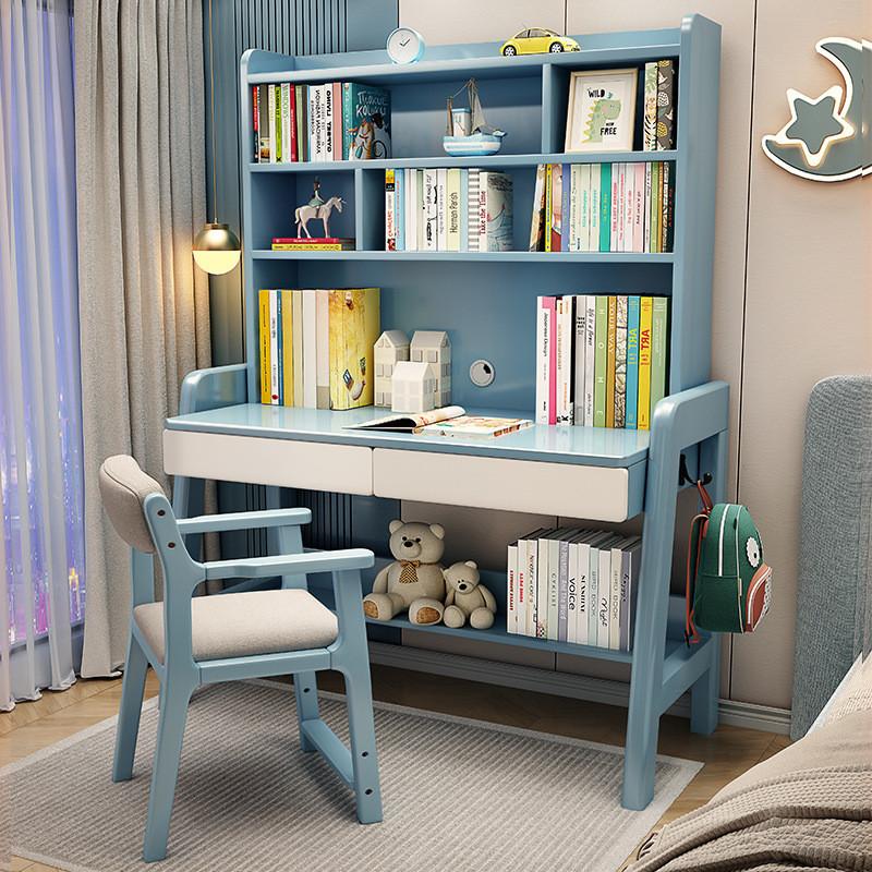 {Sg Sales} Study Table with Bookshelf Writing Desk Solid Wood Children's Study Desk Desk Bookshelf Integrated Desk Home Nordic Student Writing Desk Study table Desk with Bookshelf 2