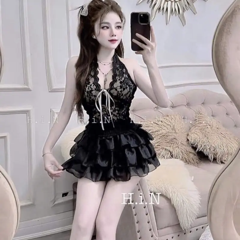 Set Áo Yếm Ren cổ V , Croptop Nơ ngực , Chân Váy Tơ Tầng , Có quần Lót Trong.. Size 40-54kg Women Nữ Dress Voi Kem