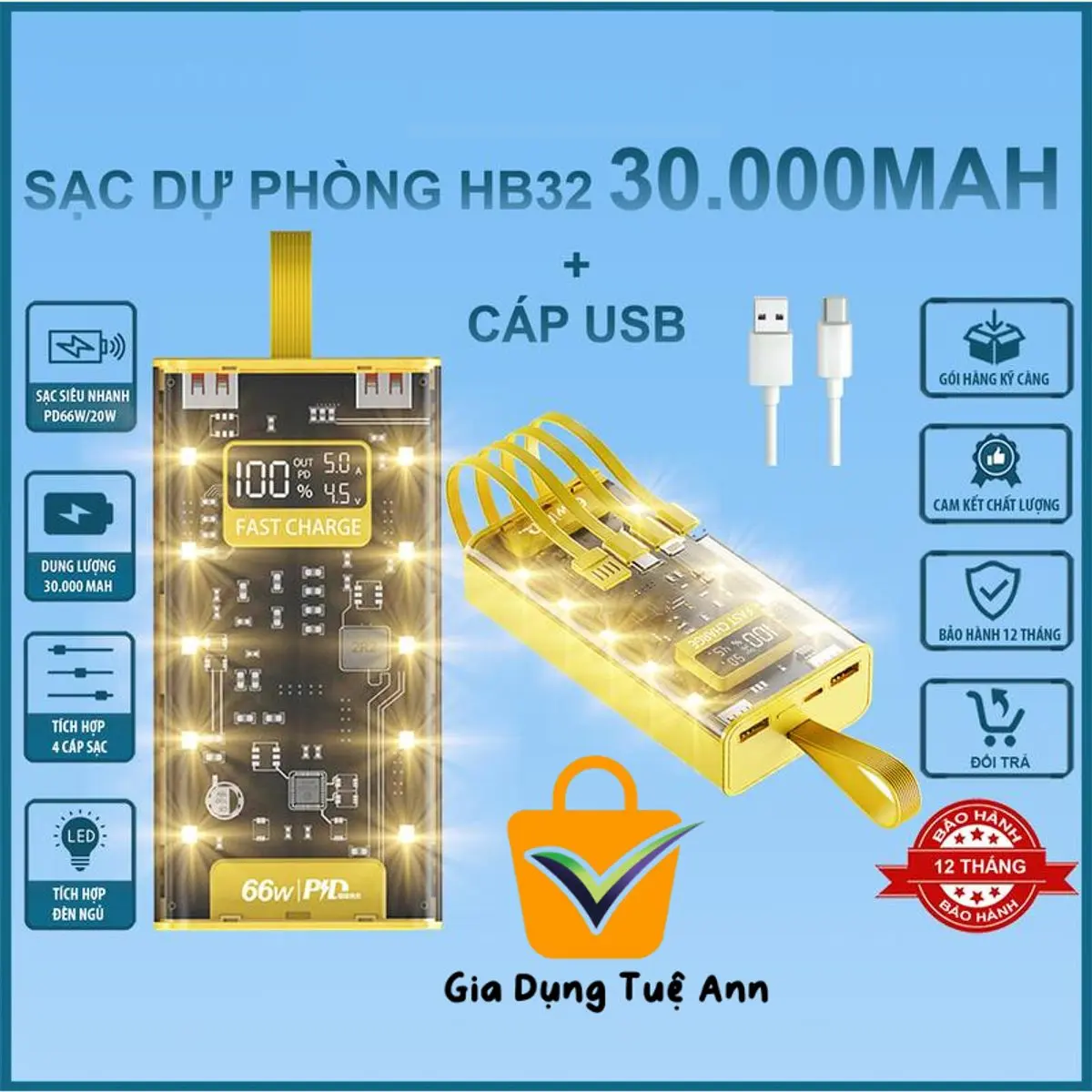 Sạc Dự Phòng HB32 30.000MAH, Sạc Nhanh PD 120W/20W,Thiết Kế Trong Suốt, Có Đồng Hồ Hiển Thị %Pin, Hiệu Điện Thế U(V), Cường Độ Dòng Điện  (Ampe) Có Đèn Ngủ, Bảo Hành 12 Tháng Sạc Pin