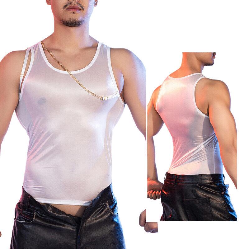 Men Tight Metal Chain Tank Top Silky Fitness Slim Top See Through Workout Vest 2