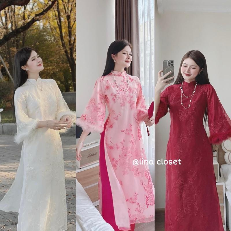 Áo dài cách tân Mỹ Nhân hoạ tiết thêu kỳ lân phối tay lông kèm quần lụa