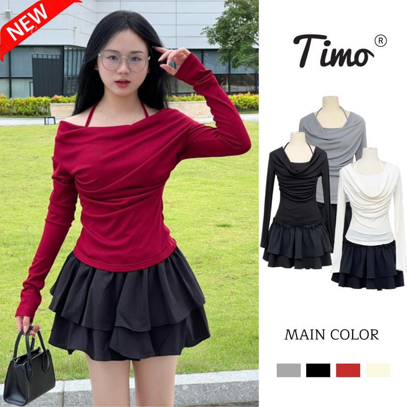 [Mã Dừng Bán giảm giá sâu] Áo thun nữ tay dài, Áo thun nữ cổ yếm 2 mảnh dài tay trễ vai nhiều màu chất tăm hàn phong cách dễ thương, gợi cảm AOT154 Top Women