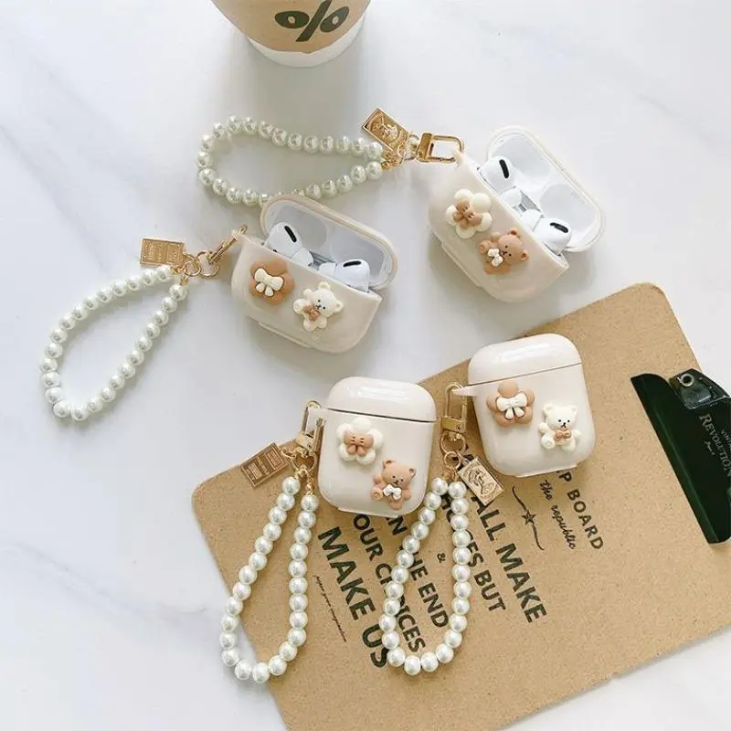 Cute Bear & Bowknot Design Earphone Case with Keychain, Decorative Earphone Protector Cover, Earphone Accessories Compatible with AirPods