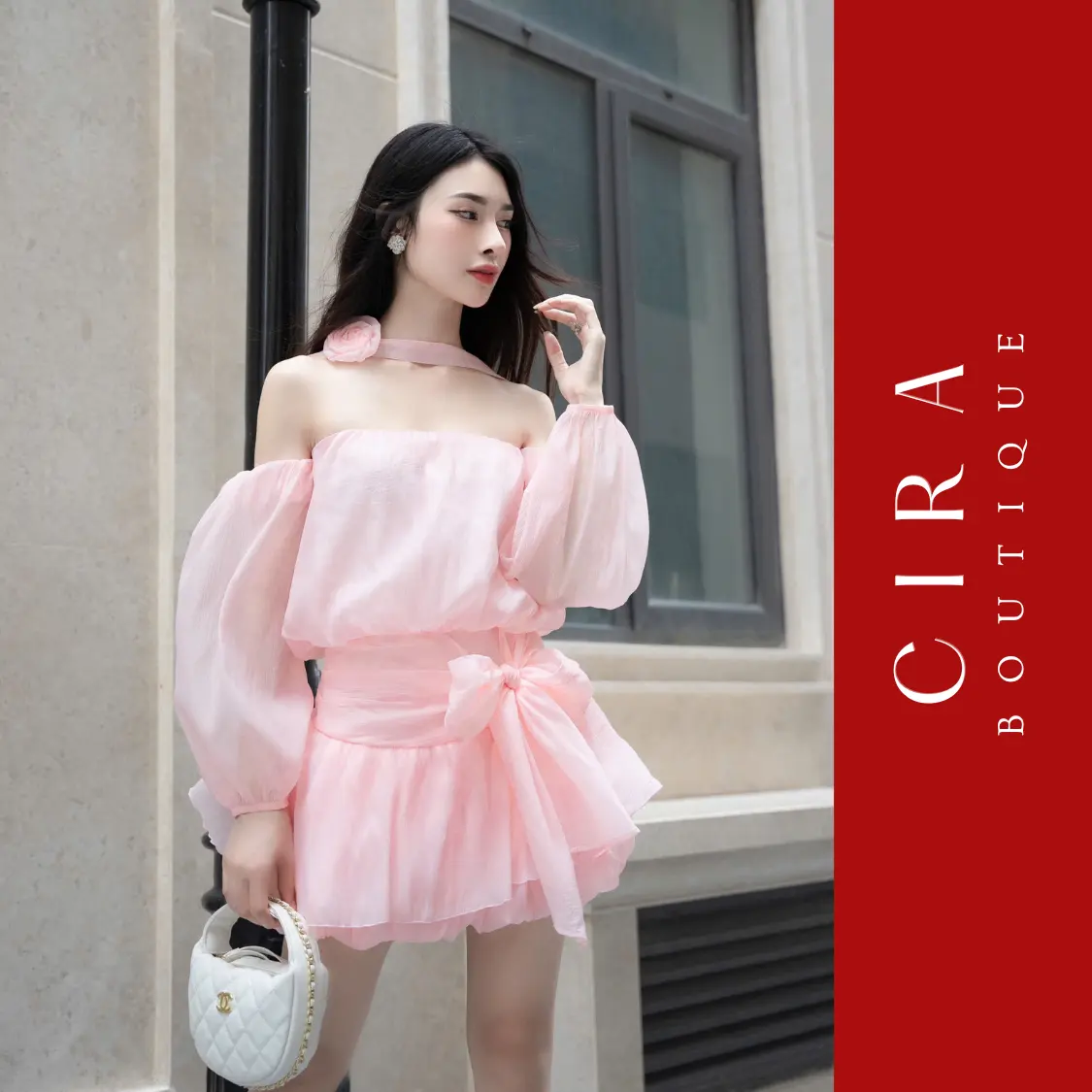 Đầm Bí Cúp Ngực Trễ Vai Đính Nơ Tay Phồng Đi Tiệc Đi Chơi - Hồng/Tím/Be - Size S/M/L - Cira Boutique D0972 - Women Dress , Nữ váy  tiệc