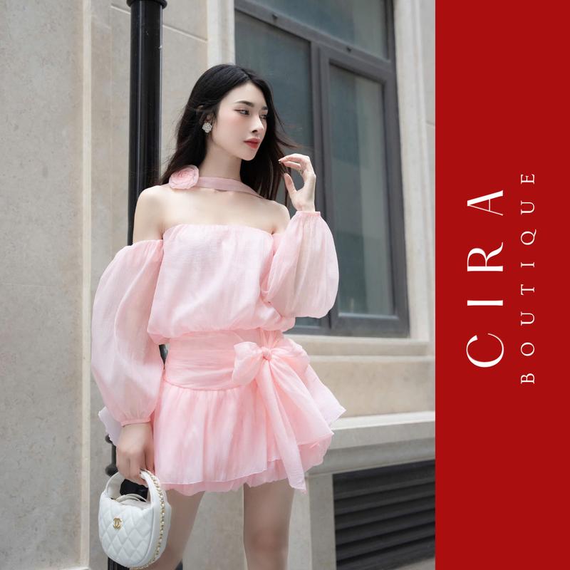 Đầm Bí Cúp Ngực Trễ Vai Đính Nơ Tay Phồng Đi Tiệc Đi Chơi - Hồng/Tím/Be - Size S/M/L - Cira Boutique D0972 - Women Dress , Nữ váy tiệc