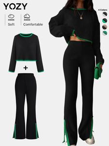 YOZY Valentine's Day Gift for Girl, Two-Piece Set Women's Contrast Binding Top & Split Hem Flare Leg Pants, Fashion Long Sleeve Top & High Waist Trousers, Women's Clothing for Fall & Winter, Fall & Winter Outfits, Valentine's Day Outfit