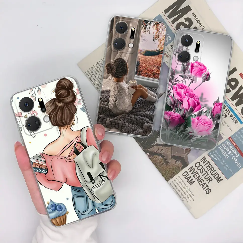 New Case For Huawei Honor X8A X7A Girl Flower Fashion Slim Transparent Anti Drop CellPhone Back Cover Soft Silicone Protective Bumper Shell For HonorX8A Honorx7A Gift Casing