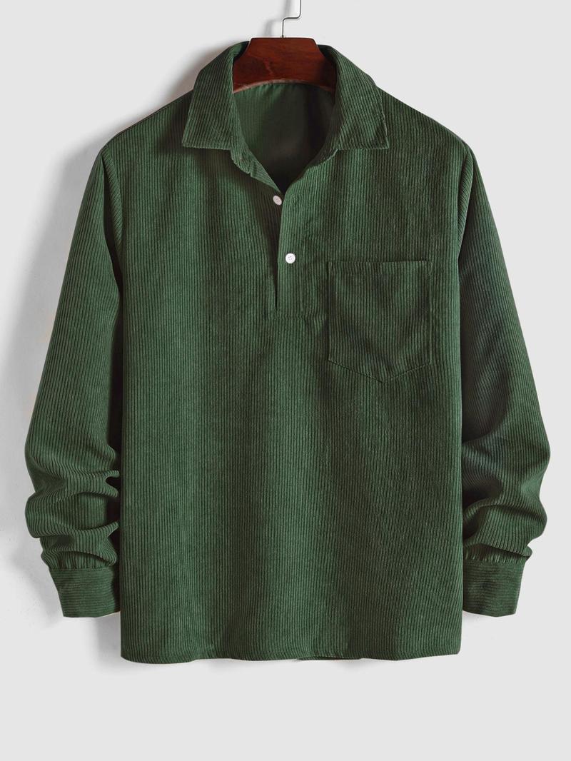 Product Introduction of Men's Solid Half Button Corduroy Shirt, Regular Fit Casual Long Sleeve Collared Top for Fall & Winter, Men's Clothes for Daily Wear, Clothing 13