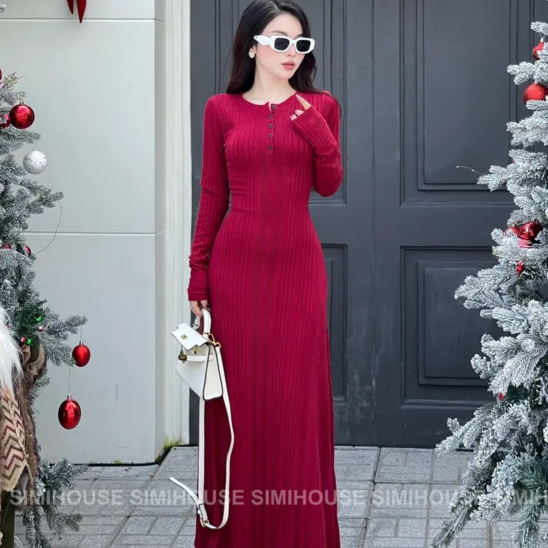 VÁY BODY LEN ĐŨA BÔNG TAY DÀI DÁNG XOÈ / Đầm body len bông TAY DÀI Form xoè che khuyết điểm Dress Women Cổ Trụ 3