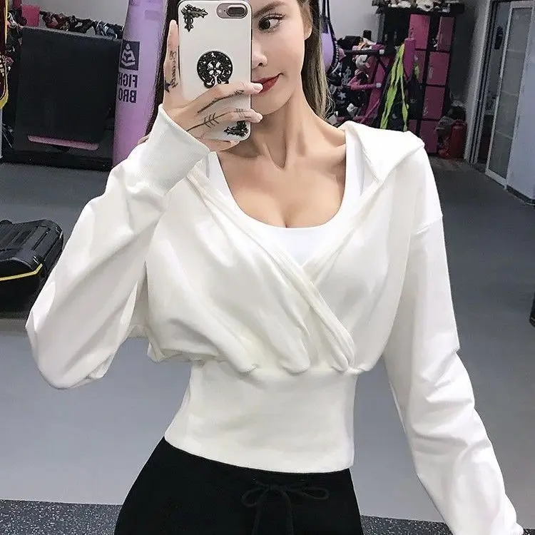 Waist waist top V-neck loose sports cover short hooded sweatshirt waist cinched fitness long high waist yoga suit thin