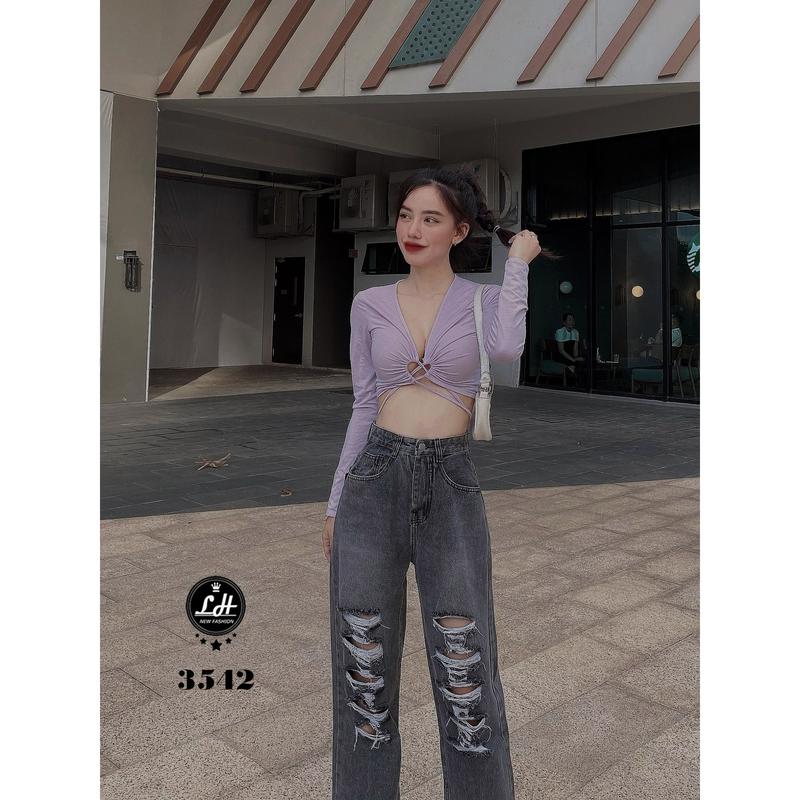  Quần jean nữ ống rộng màu xám rách tả tơi siêu cá tính Lê Huy Fashion MS 3542 
