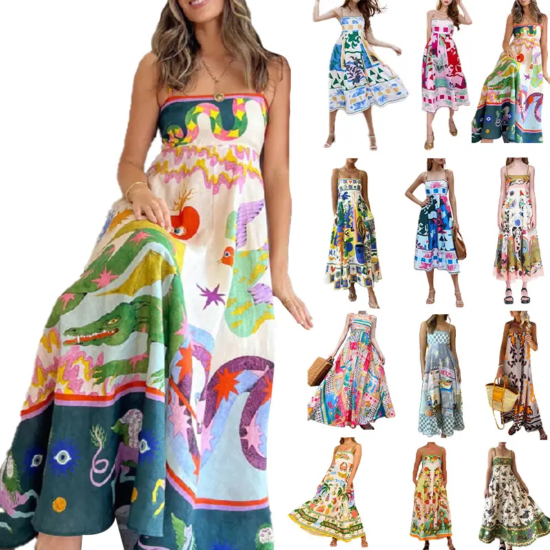 Summer European and American Women's Clothing New Elegant Elegant High Waist Print Sling Casual Fashion Dress