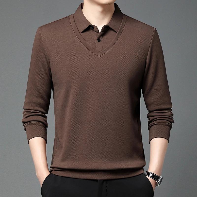 Product Introduction of Men'S Long Arm Polo Shirt Korean-Style Fake Two-Piece Business Men'S Casual Fashion Long-Sleeved Solid Color Lapel Shirts Comfortable All-Match Top For All Seasons Menswear Lingerie 23