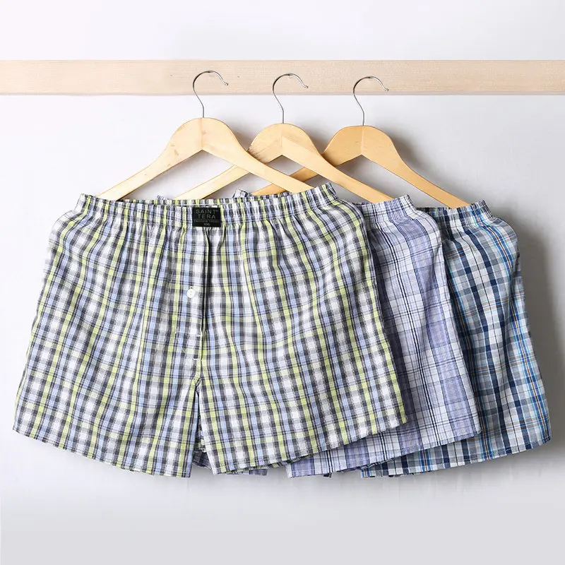 Cotton Men's Underwear Boxer Loose Arrow Pants Thin 80% Cotton Plaid Boxers Underpants Pajama Pants Summer