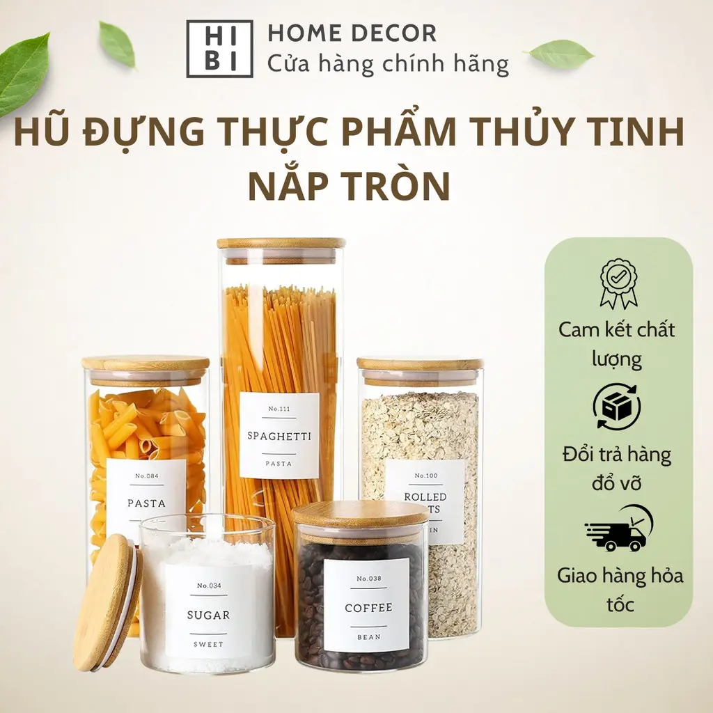 Lọ Thủy Tinh Tròn Nắp Gỗ - Đựng Hạt, Đồ Khô và Gia Vị, Với Nắp Đậy Kín - Hibihomedecor