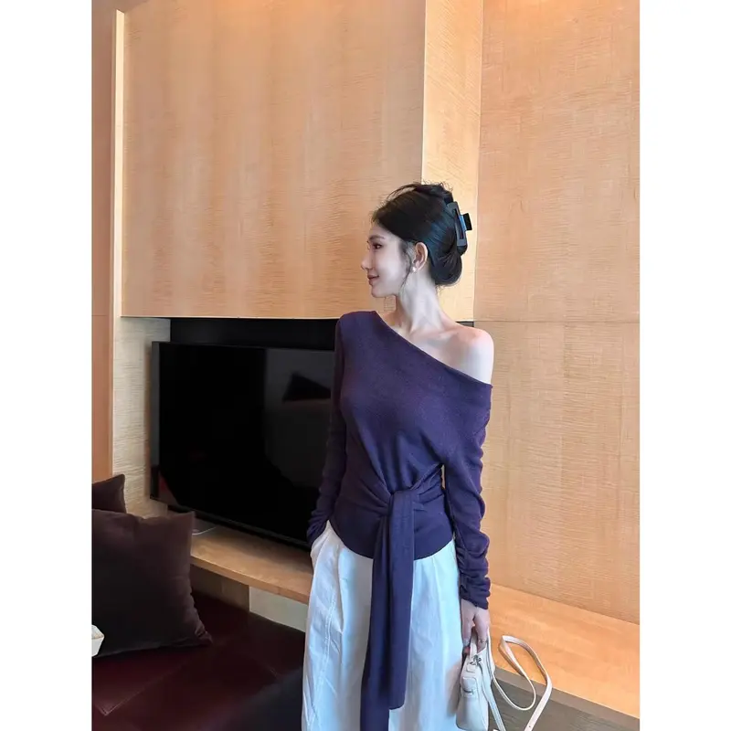 Áo Bên Trong Trễ Vai Bất Đối Xứng Phong Cách Pháp, Dành Cho Nữ, Áo Sơ Mi Cơ Sở Buộc Eo Phong Cách Hàn Quốc Mùa Thu, Áo Bên Trong 1