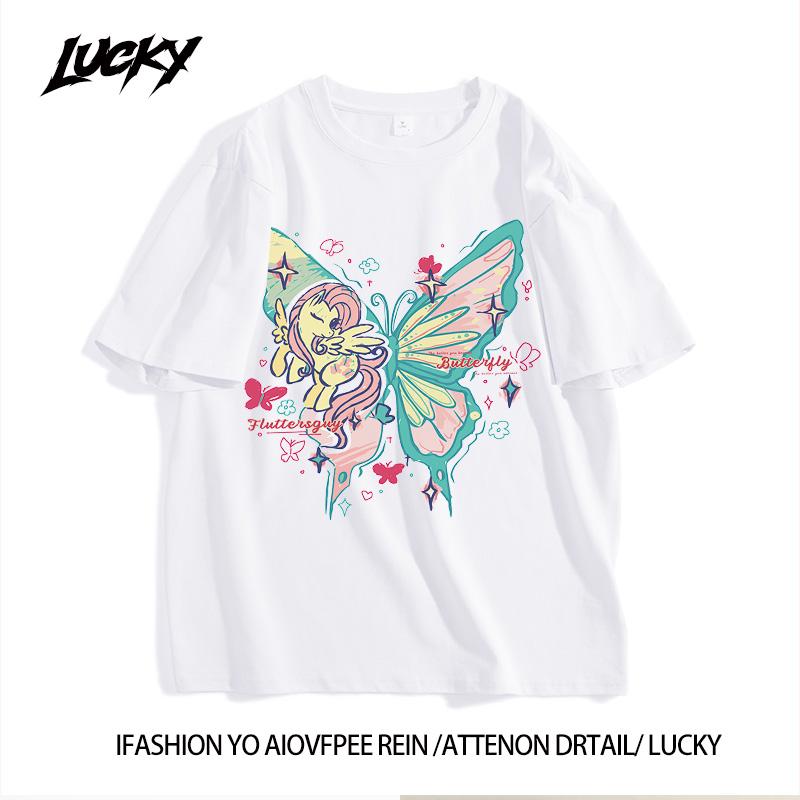 Based on summer butterfly large looseness, round collar short -sleeved T -shirt women 1