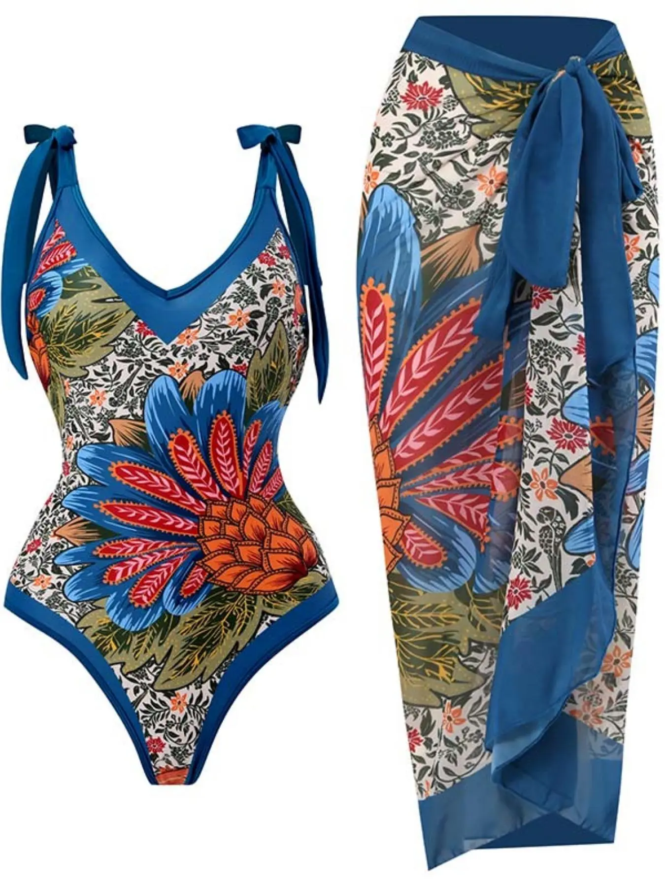 Women's Tropical Print Swimsuit Set, Boho Tie Shoulder Deep V Neck One-piece Swimsuit & Knot Design Cover Up Skirt Set, Summer Swimwear Set