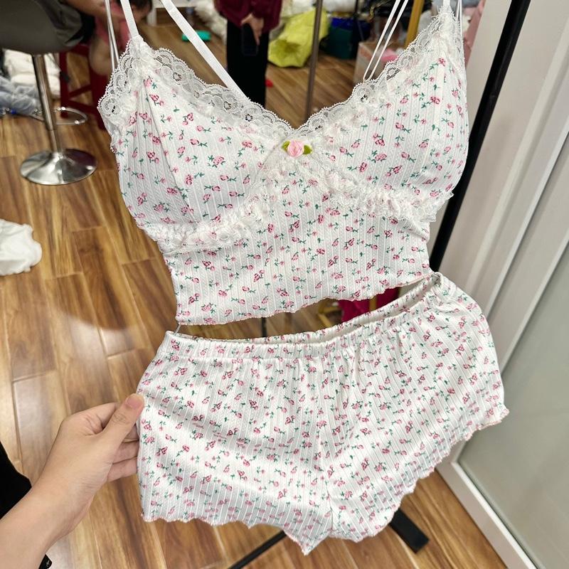 DEAL MỞ BÁN[B11] bộ đồ ngủ 2 dây hoa nhí mùa hè, váy ôm body có đệm, bộ ngủ mặc nhà croptop dễ thương dành cho nữ 8