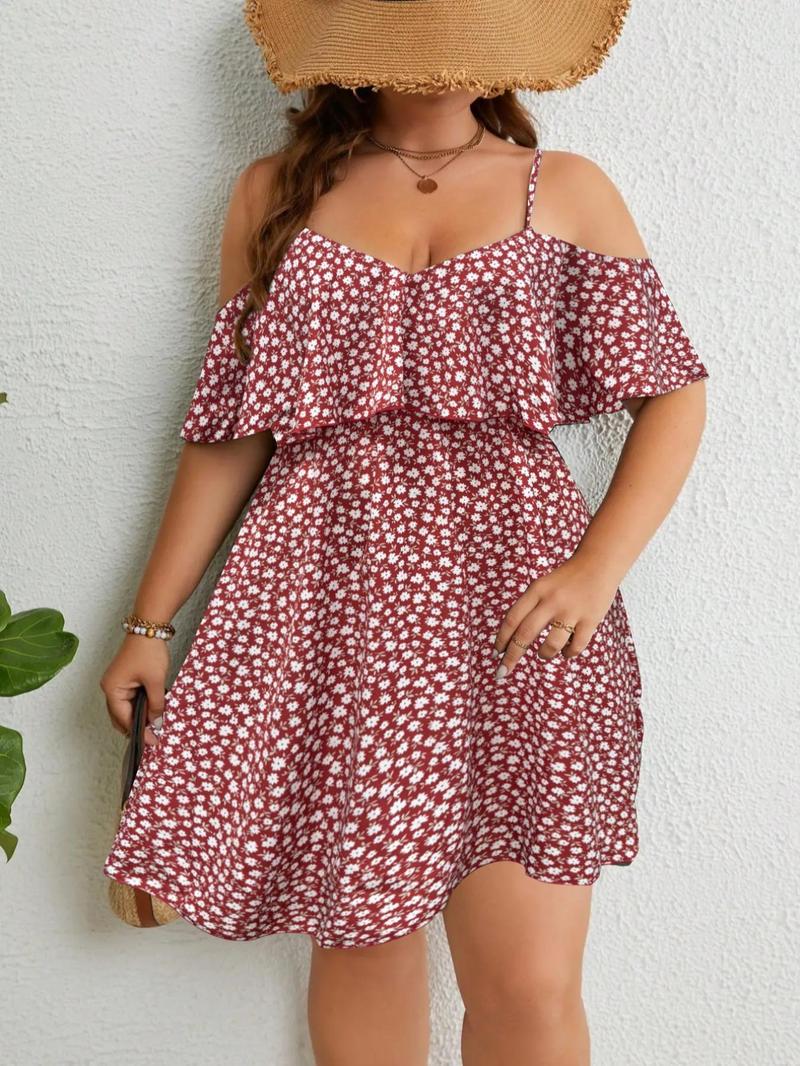 Product Introduction of 【Plus Size】 Ditsy Floral Print Cold Shoulder Dress, Boho Fashion Casual Dress for Daily Holiday Vacation Wear, Women Plus Clothing for Summer, Womenswear 4