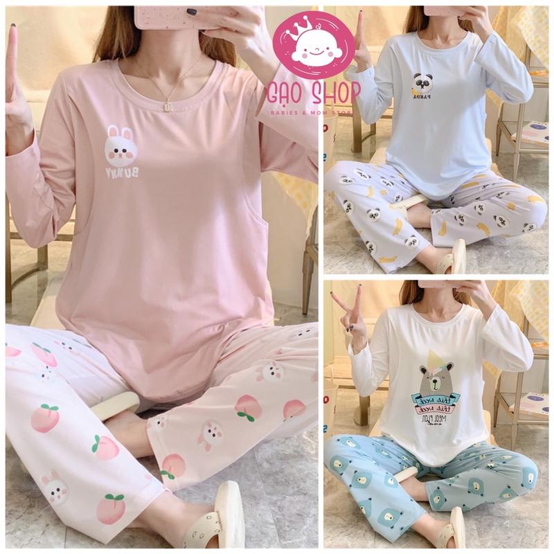 Bộ Bầu Cổ Tròn Họa Tiết Xinh Xắn Mặc Nhà Cotton Đồ Bầu Sau Sinh Mở 2 Bên Cho Con Bú Và Quần Chun Chỉnh Bụng, Bộ Dài Tay Váy Bầu Đầm Bầu Vải Cotton