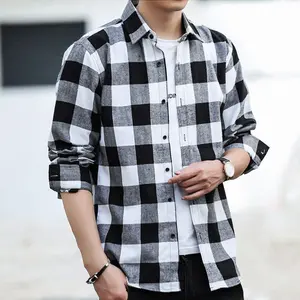 Kemeja Flanel Pria Lengan Panjang Kotak Hitam Putih Premium import Kain Distro Casual Katun Cowok Baju Pendek  Motif Surfing Dewasa Hem Santai Garis