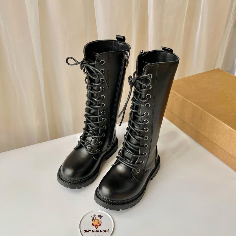 Giày boot da cho bé - giày boot cao cổ chất da bóng mềm 2 lớp dây buộc cá tính form ôm chân cho bé trai bé gái tuổi 2-12 Sandal Dép Sandal