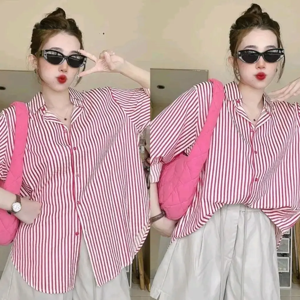 Áo sơmi  Sọc Tay Dài phong cách Hàn Quốc. Áo sơmi tay dài phom rộng mềm mịn Thông thường