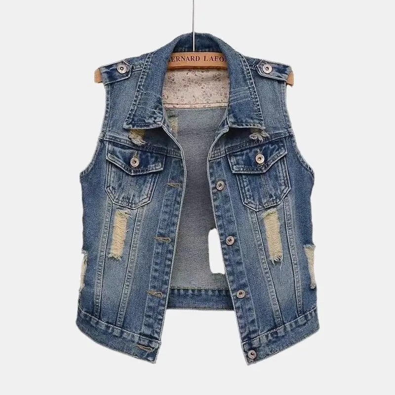 Áo Ghi Lê Denim, Nữ Mùa Hè Mới, Ngắn, Phong Cách Hàn Quốc, Giặt Xé, Dáng Ôm, Không Tay, Áo Khoác, Quần Áo Nữ