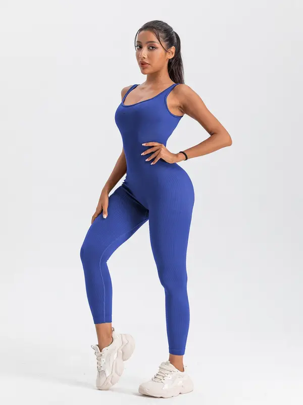 Women's Solid Backless Ribbed Sports Jumpsuit, Scoop Neck Seamless Jumpsuit, Ladies Sportswear Clothing, Sports Onesies, Summer Outfits 2024, Please Purchase A Size Up 8