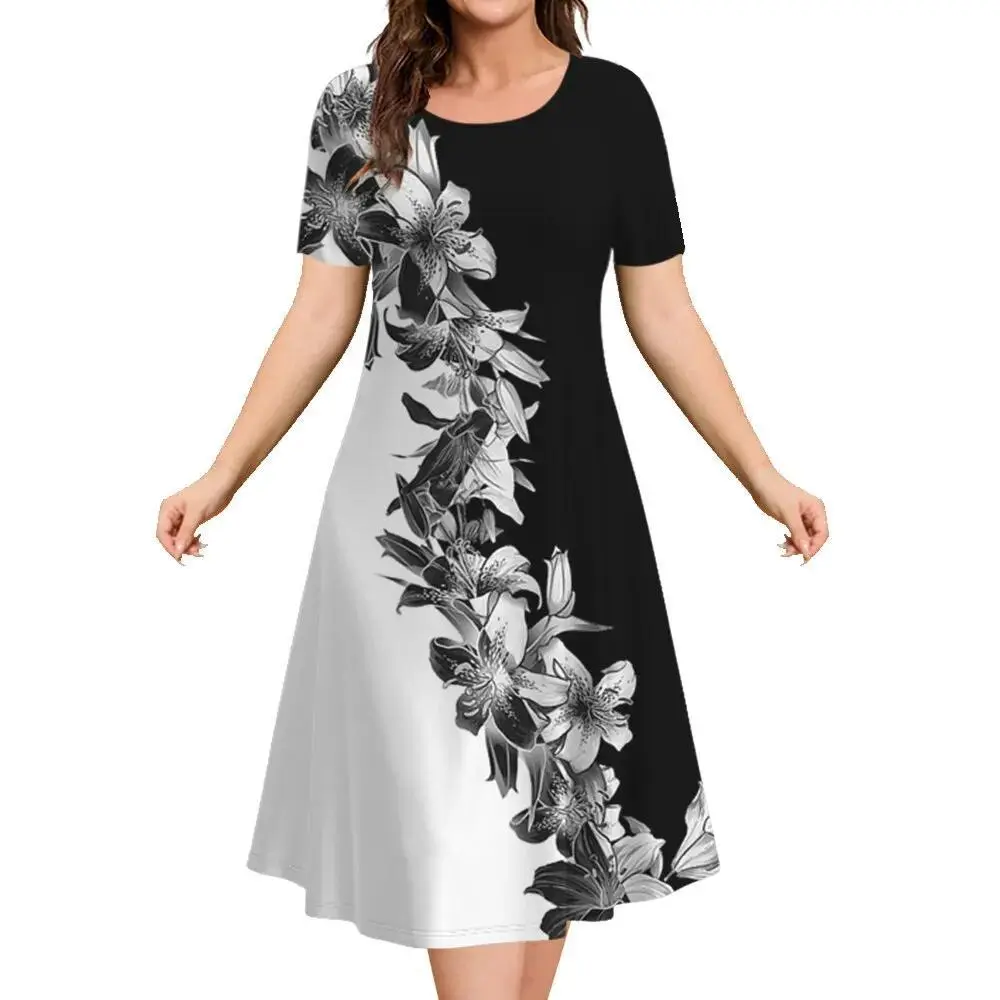 2024 New Women Dresses 3D Flowers Pattern Short Sleeve Tops Casual Fashion A Line Skirt Summer Lady Oversized Vacation Dresses