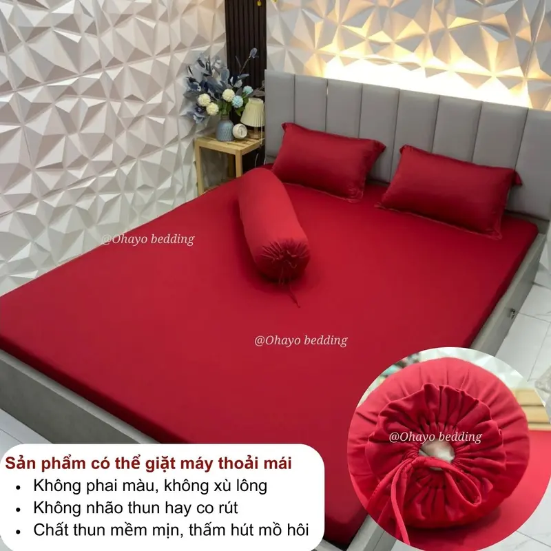 [OHAYO] Bộ ga thun lạnh 4 món 12 màu gồm: 1 ga bo chun, 2 vỏ gối nằm, 1 vỏ gối ôm 3
