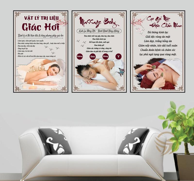 Bộ 3 tranh Dưỡng Sinh, Đông Y, trang trí Spa treo tường - in trên Fomex chống thấm nước & vệ sinh dễ dàng