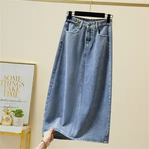 Rok denim split gaya Korea rok a-line wanita berpinggang tinggi sedang untuk menutupi rok pinggul selangkangan