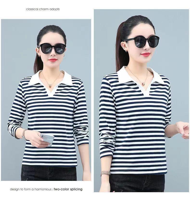 Product Introduction of Youthful Turn-down Collar T-shirt Striped Slim Fit Women Spring Autumn 2024 New Age-reducing Polo Collar Long Sleeve T-shirt 20