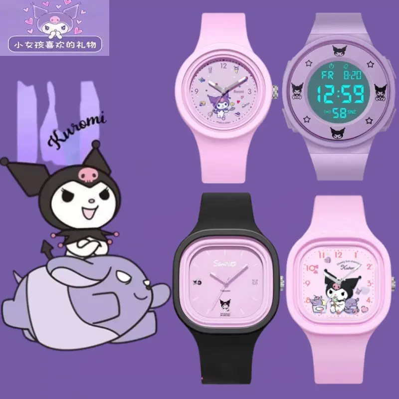 Sanrio Kuromi LED Light Watch for Kids Girls Silicone Strap Round Square Dial Children's Waterproof Electronic Watch High Quality Sport Watches Student Quartz Watch for Kids Watch