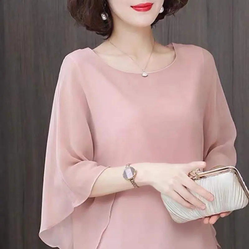 Áo Cánh Thanh Lịch, Ngoại Cỡ Cho Nữ, Chất Liệu Voan, Áo Thường Ngày Màu Hồng, Tay Áo Gợn Sóng, Dáng Rộng Vừa Vặn, Áo Phông Nữ, Cổ Tròn, Thoải Mái, Thích Hợp Mặc Thường Ngày Top Women Tua Rua