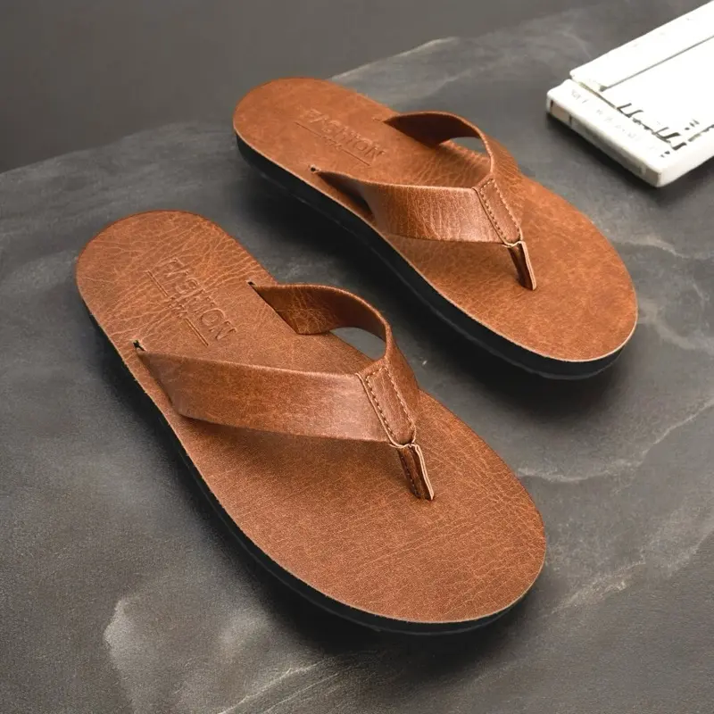 [4 ] Slipper , Dép Da Nam , Dép Xỏ Ngón Quai Da .  Nhung   Đồng . Đế  DéP Bằng Cao Su Chống Trơn Trượt