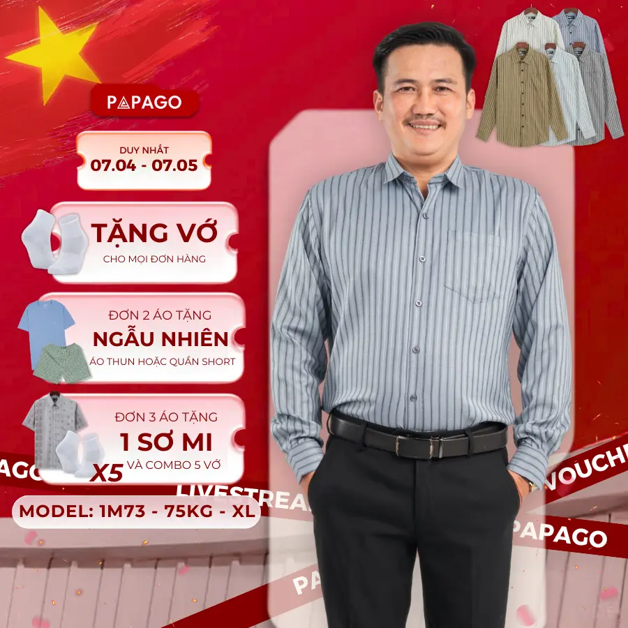 Áo sơ mi nam trung niên PAPAGO tay dài vải xô đũi thoáng mát kẻ sọc dọc - P23SDKD001