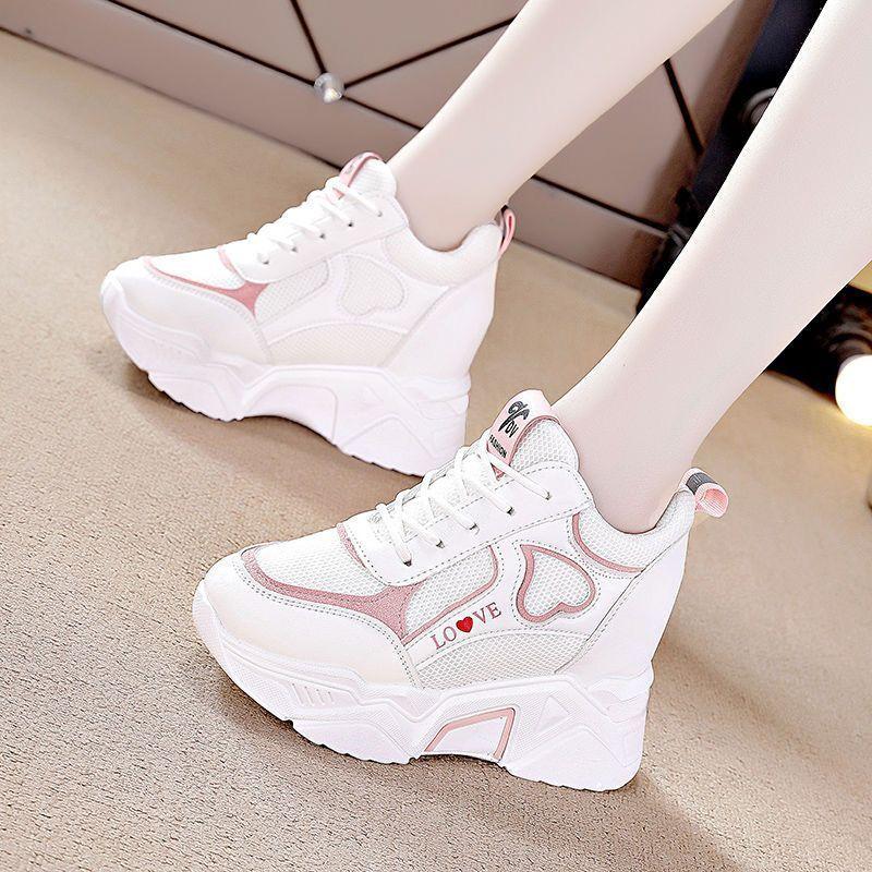 Giày Nữ, Đế Tăng Chiều Cao, Dày 8cm, Phong Cách 2024, Mùa Lò Xo, Trắng, Thoải Mái, Vô Hình, Giày Thoáng Khí, Tăng Chiều Cao Shoes Sneaker 8