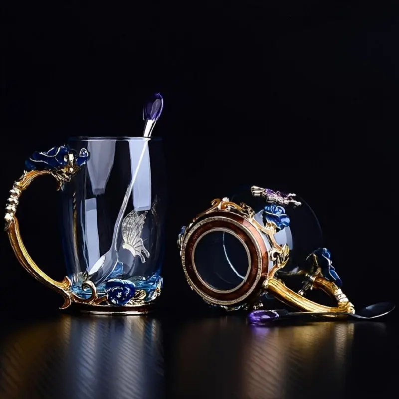 1 Set Butterfly & Rose Decor Glass Cup with Handle, Vintage Drinking Glass with Lid & Spoon, Creative Tea Cup for Office Home Daily Use, Gifts for Friends 2
