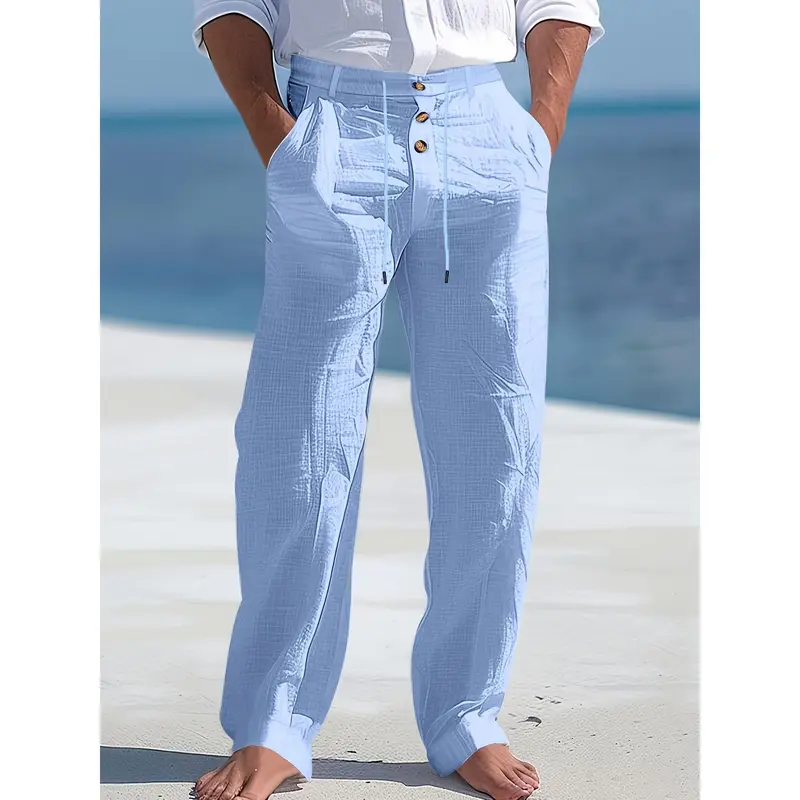 Men's Lightweight Linen Beach Pants -, Straight Leg, Solid with Drawstring Waist & Button Details for Spring/Summer Casual Wear, Outdoor Leisurewear |   Comfortable Leisurewear 2