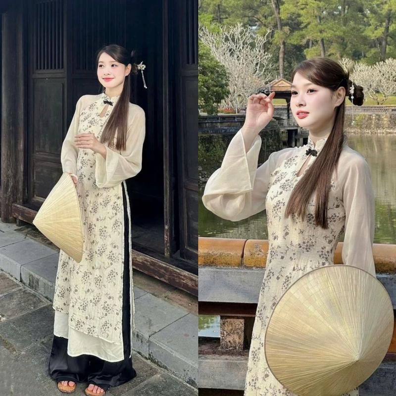 V1943 Áo Dài Nữ Thiết Kế EMME Cổ Trụ Đính Cúc Tàu Phối Tơ Tay Dài Họa Tiết Hoa Bi Cách Điệu [ Kèm Quần ] - Thanh Tự Women  Voan