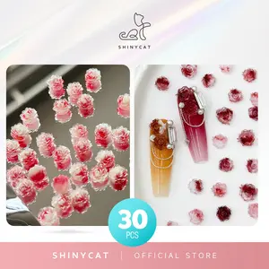 Shinycat Dekorasi Hiasan Kuku 30Pcs 3D Mawar Teratai Merah & Putih Bercahaya dalam Gelap Aksesori Nail Art Manicure