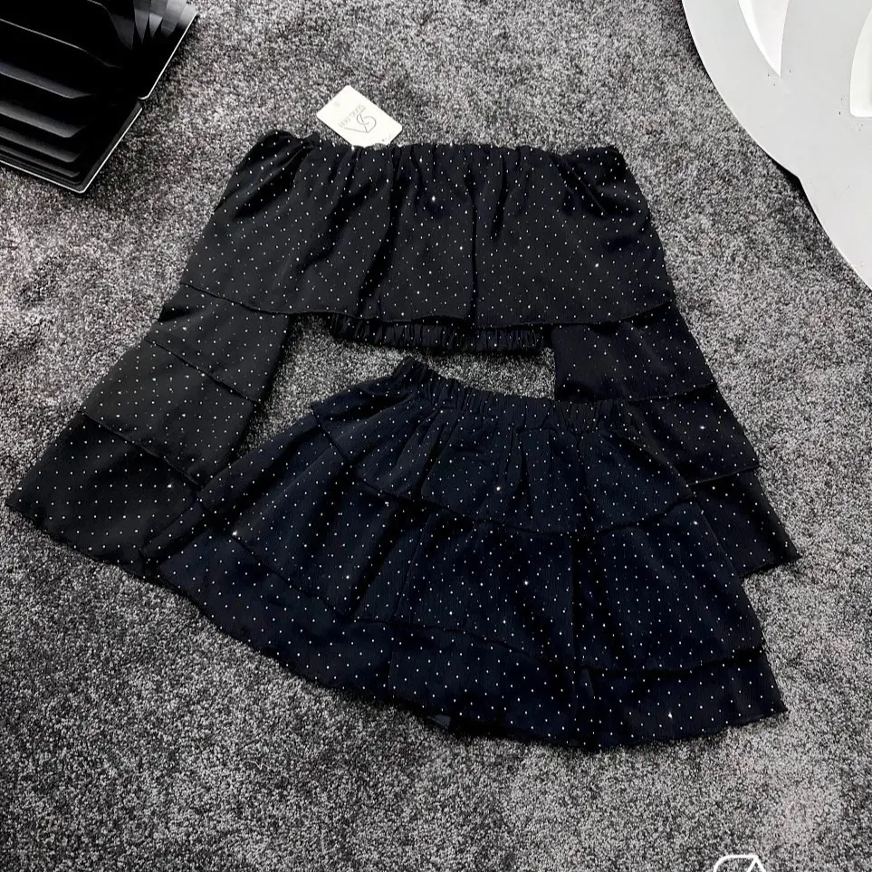Set cao cấp voan đính đá bling áo trễ vai tay dài chân váy tầng có lót hình thật kiểm tra hàng Nữ Women Top Tay Loe Voi Sen DRESS Ống Loe