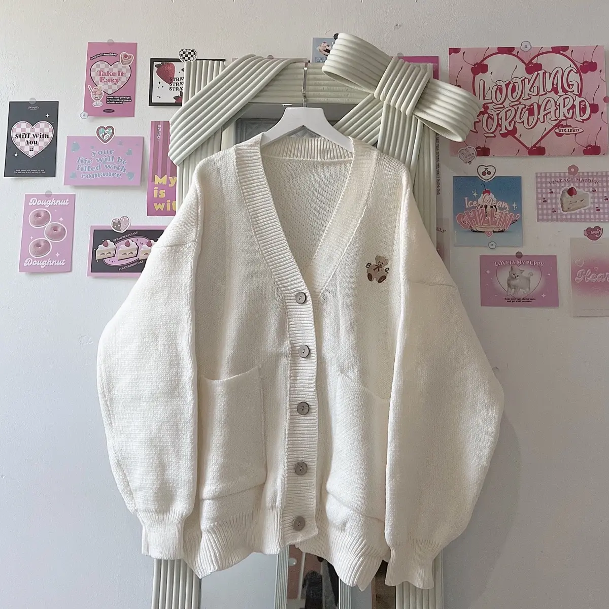 ÁO CARDIGAN GẤU TEEDY THÊU TRẮNG / NÂU FORM RỘNG Len