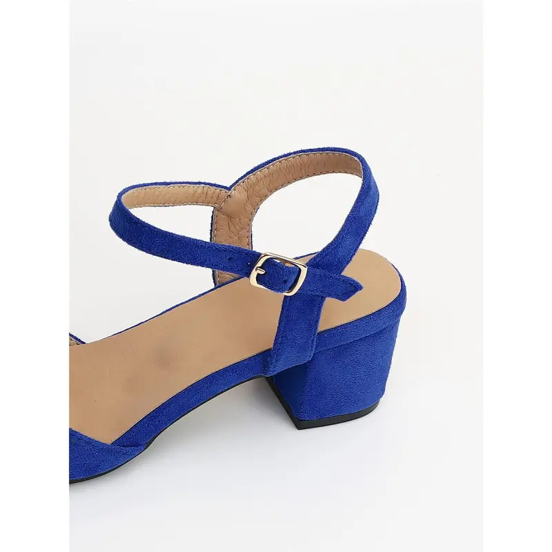 Buckle Decor Point Toe Chunky Heeled Ankle Strap Faux Suede Pumps 4