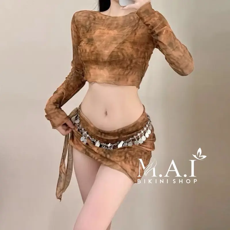M.A.I BIKINI • Sét Bikini 4 Món Loang Nâu Kèm Dây Xích Eo Kín Đáo Cho Nữ
