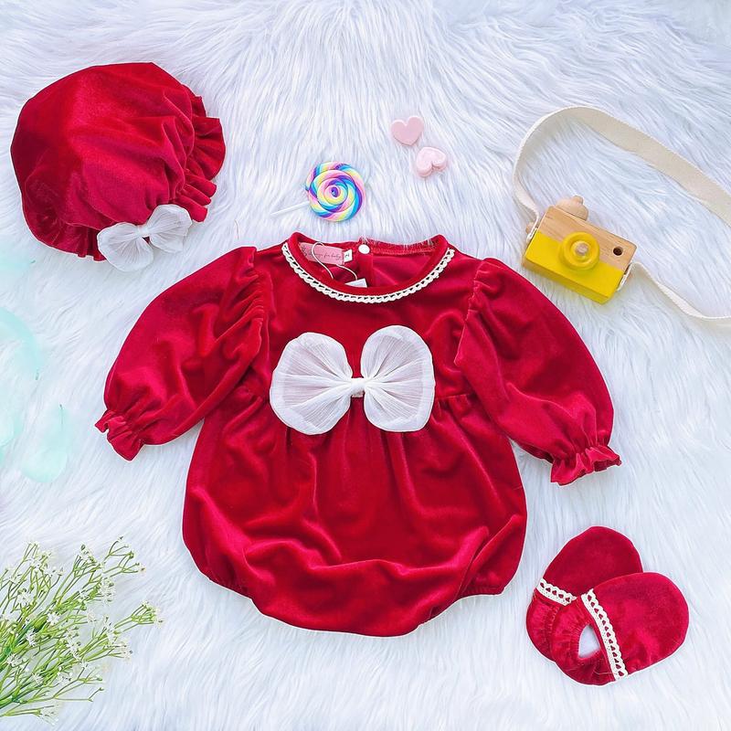 Siêu Phẩm Body Nhung Cao Cấp Thiết Kế Sang Chảnh Cho Bé Sơ Sinh Size 3-12kg Chất Nhung Mềm Mịn Tông Màu Đỏ Nổi Bật
