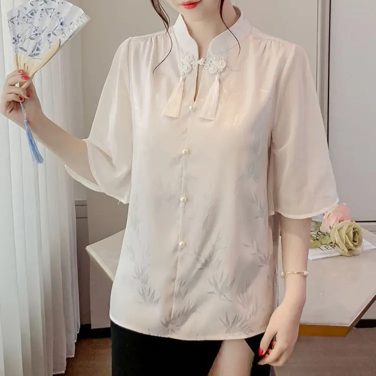 Áo Cánh Phong Cách Trung Quốc Dành Cho Phụ Nữ, Dáng Rộng Vừa Vặn, ngắn Tay Áo, Áo Sơ Mi Trắng, Ngoại Cỡ, Thời Trang, Thanh Lịch, Áo Cổ Điển 7